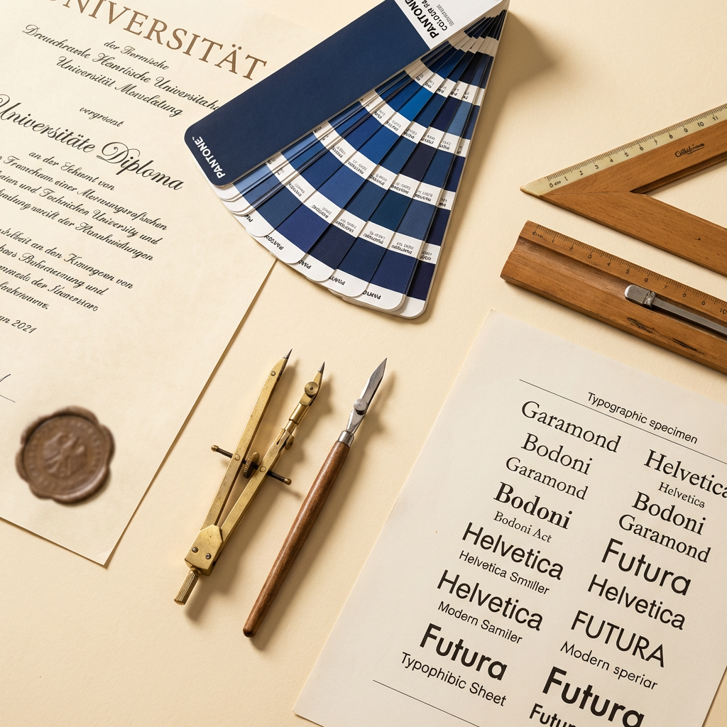 Vintage-meets-modern flat lay: a diploma certificate, Pantone colour fan, precision drawing tools, and typographic specimen sheet