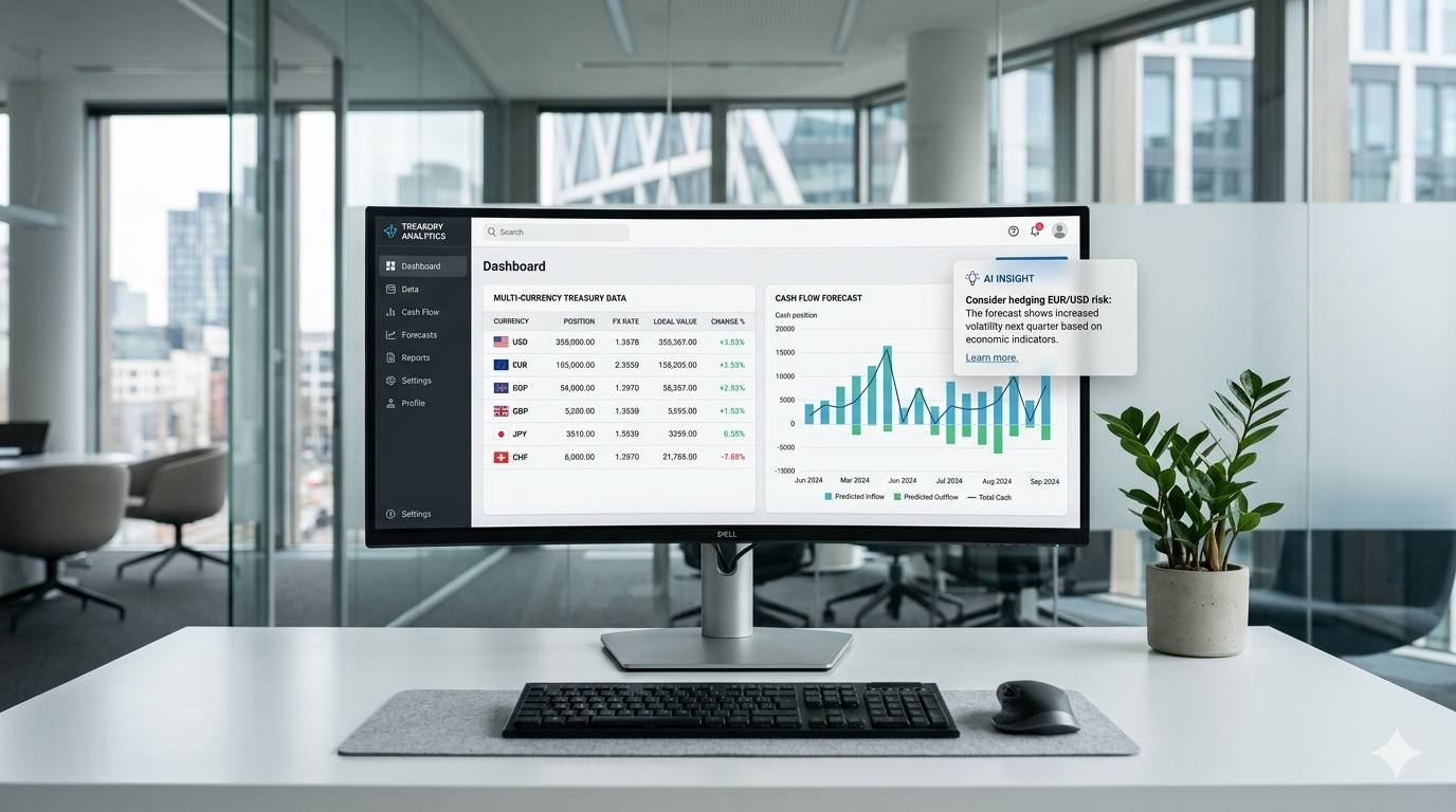Premium financial software interface showing treasury management dashboards with currency data tables and cash flow charts