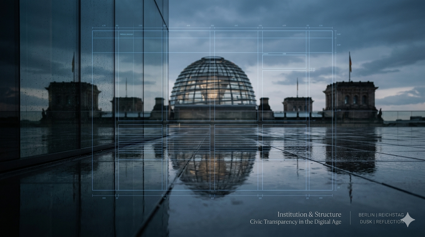 Reichstag building in Berlin reflected on glass with a digital wireframe grid overlay, symbolising government digital work