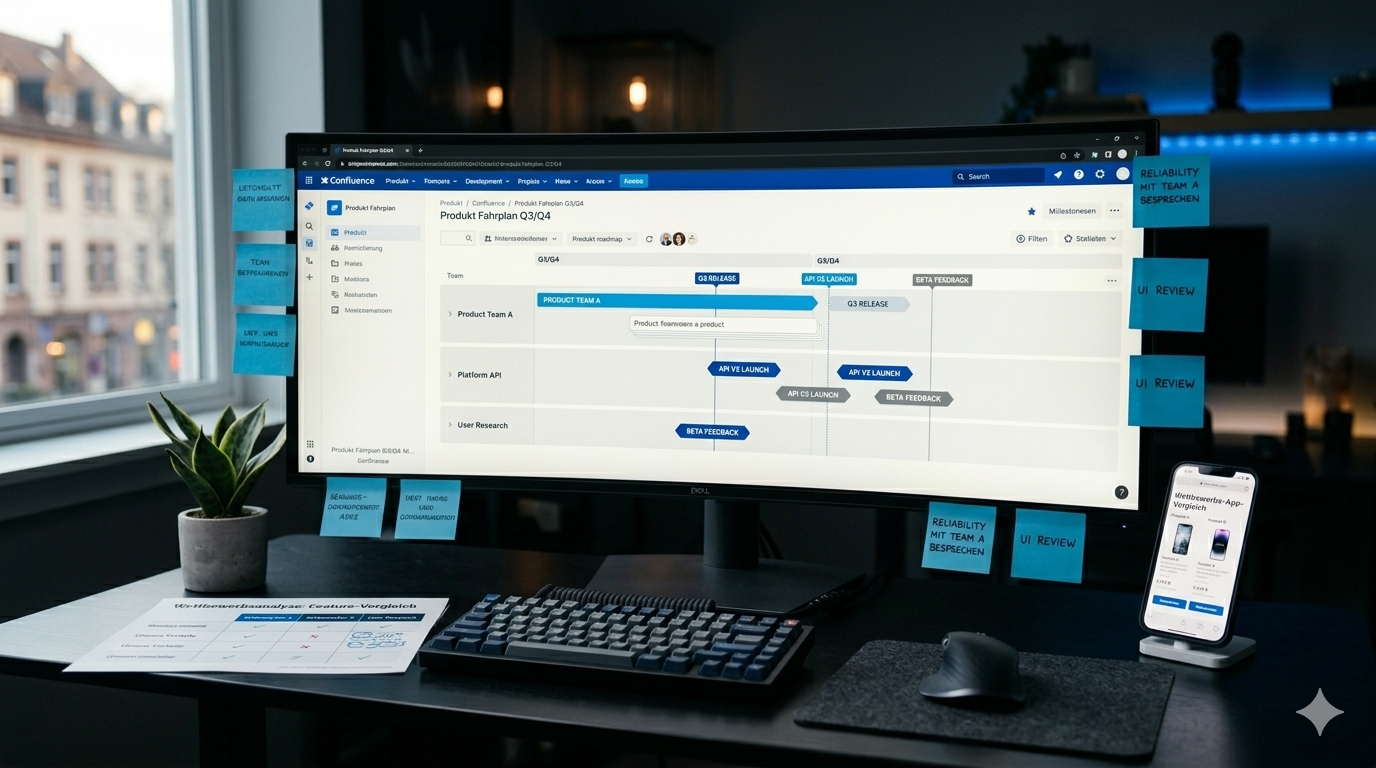 Modern tech office with product roadmap on screen and e-commerce UI on smartphone