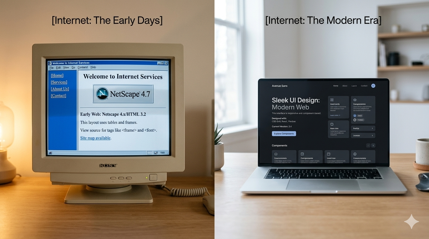 Side-by-side contrast: a vintage 1990s CRT monitor showing an early HTML website next to a modern laptop with a clean contemporary interface